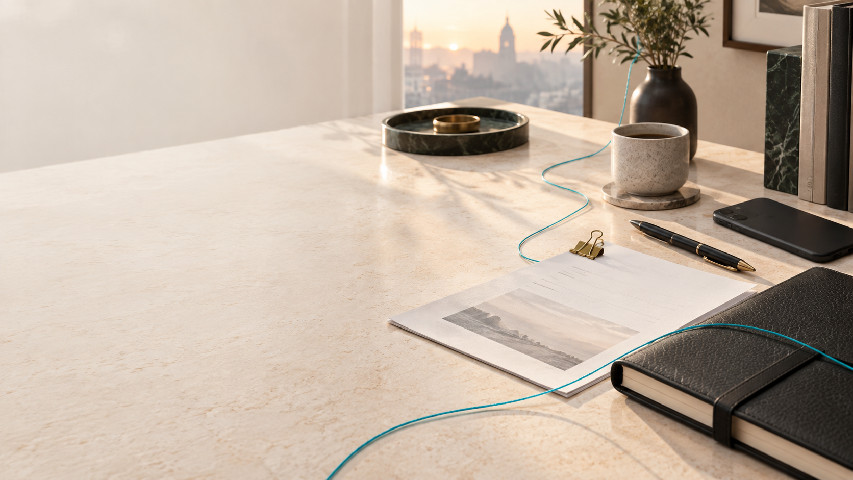 A refined morning desk with a notebook, briefing, pen, and a cyan thread